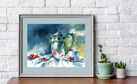 "Summer still life with cherries" - original watercolor artwork