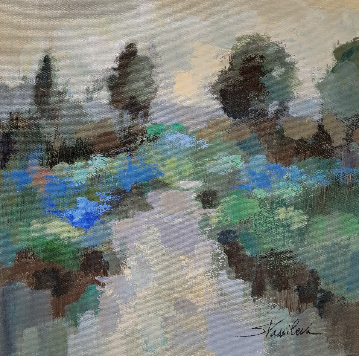 Impressionistic Landscape Acrylic Painting By Silvia Vassileva, 15 X 15", Iris Lake, Original Artwork
