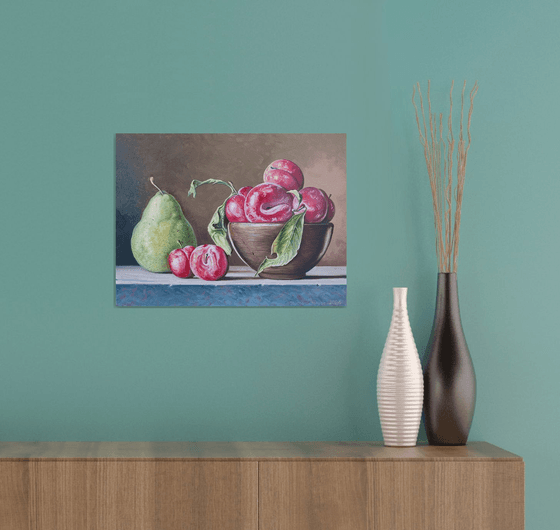 Still life -  plums and pear