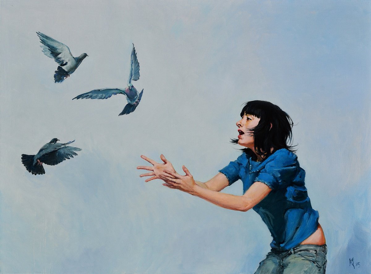Urban And Pop Oil Painting , So Scare A Dove By Oleg Kateryniuk, 53 X 39, Artwork For Sale On Artfinder