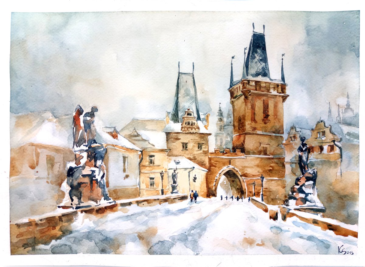 Bridge in Prague. Winter architectural landscape Original watercolor painting by Ksenia Selianko