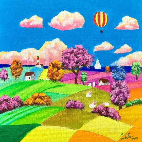 Sheep and a balloon folk art painting