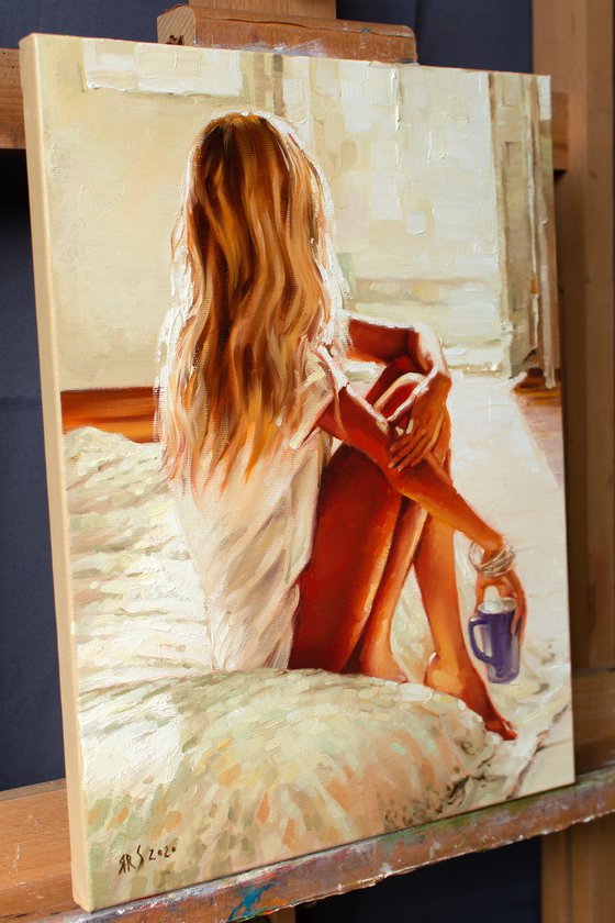 Morning and Coffee by Yaroslav Sobol  (Modern Impressionistic Romantic Beautiful Girl Oil painting Gift)