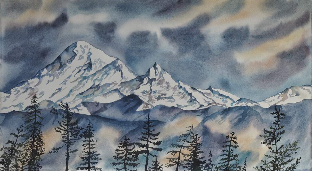 Snowy peaks - original watercolor artwork with mountains and forest by Delnara El
