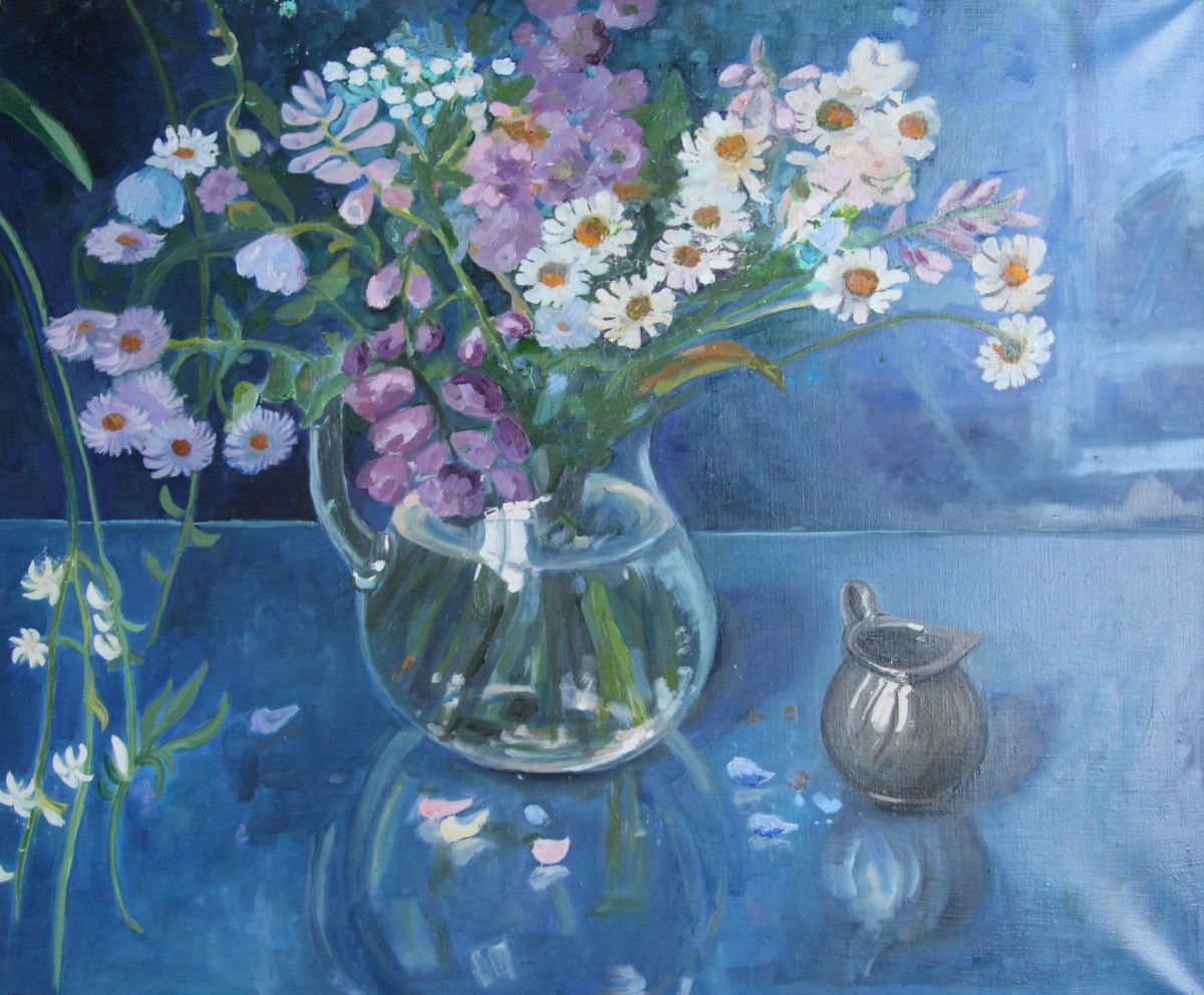 Flowers on a blue background. by Ludmila Artamoshina