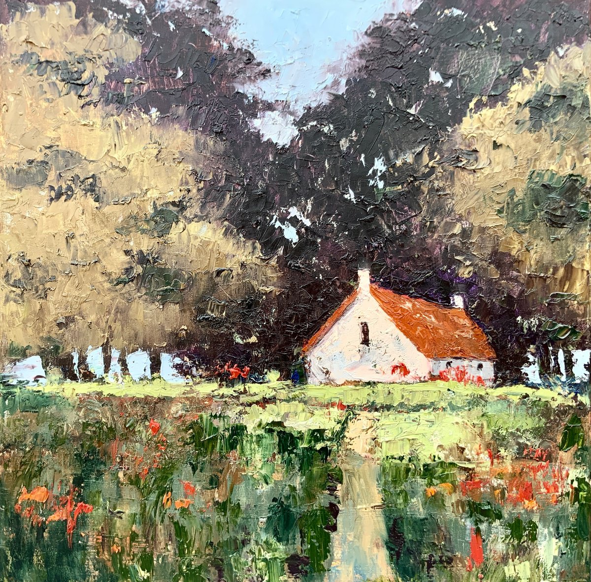 Red Roof In Bloom By Alexandra Jagoda (Ovcharenko), 20 X 20, Artwork For Sale On Artfinder