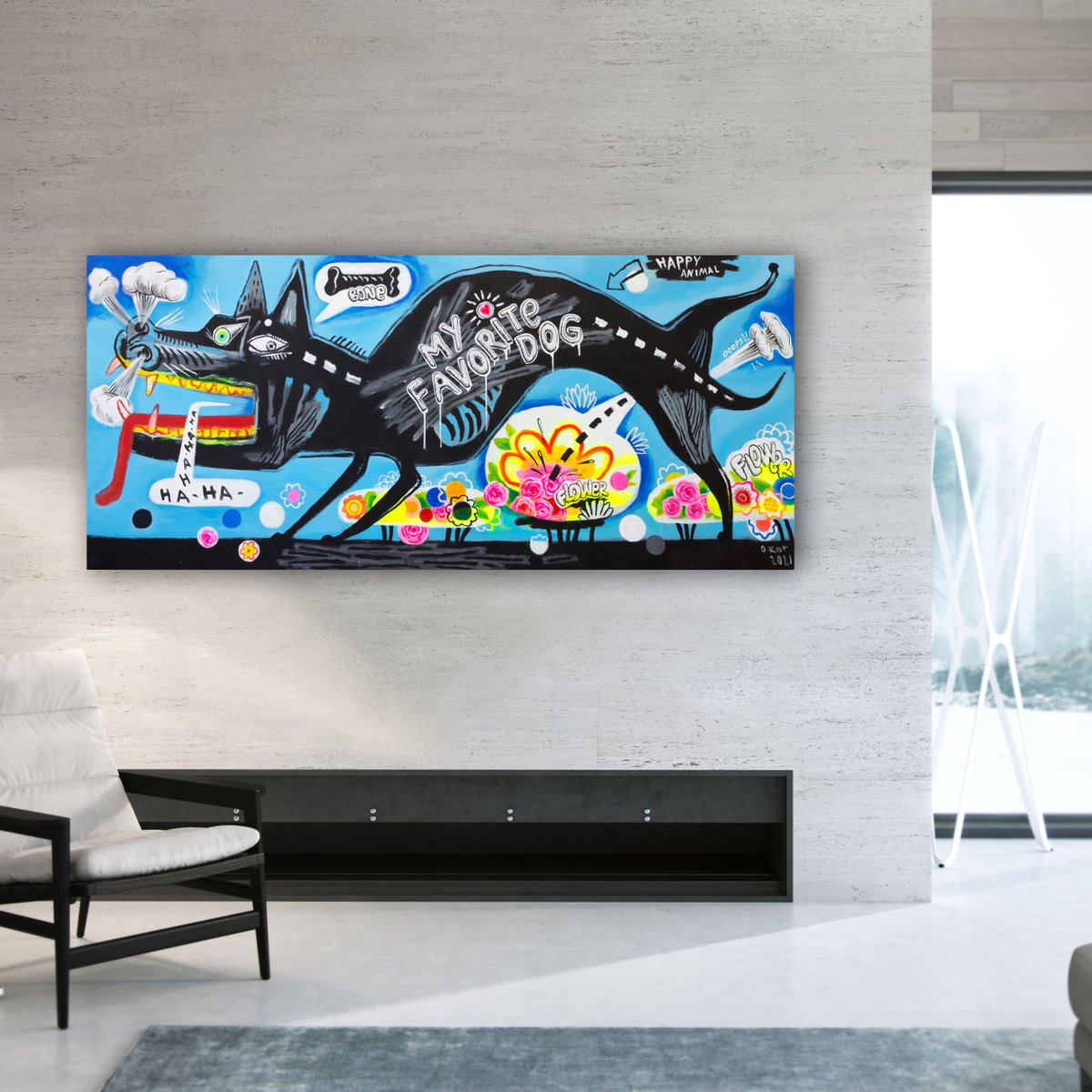 Urban And Pop Animal Acrylic Painting By Oleksandr Korol, 71 X 31", My Favorite Dog, Original Artwork