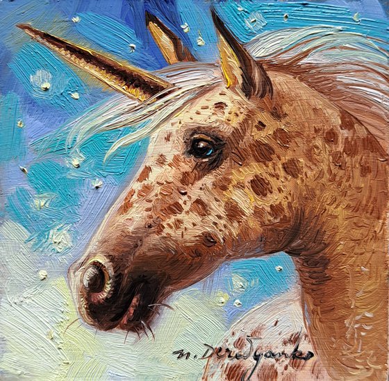 Beige in apple unicorn oil painting original in silver frame 4x4 inch