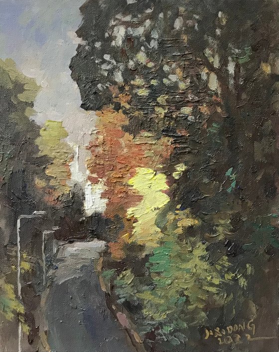 Original Oil Painting Wall Art Signed unframed Hand Made Jixiang Dong Canvas 25cm × 20cm Landscape Road Through Headington Hill Park Small Impressionism Impasto