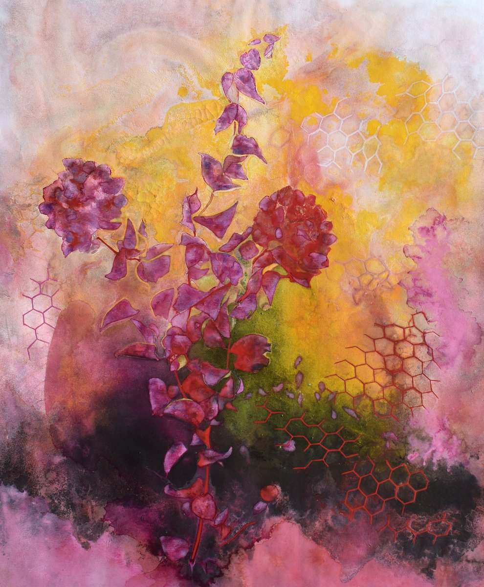 Organic Still Life Acrylic Painting By Milena Nicosia, 32 X 40", Waiting Flowers, Original Artwork