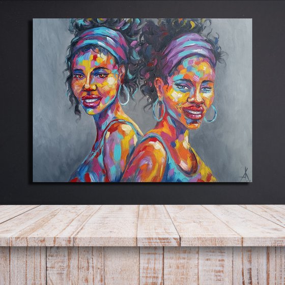 Girlfriends - african motives, portrait, oil painting, woman, face oil painting, Africa oil painting, African people, woman portrait, Africa, woman, woman face, face oil painting