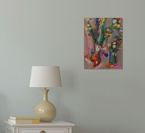 Still life with flowers and pomegranate