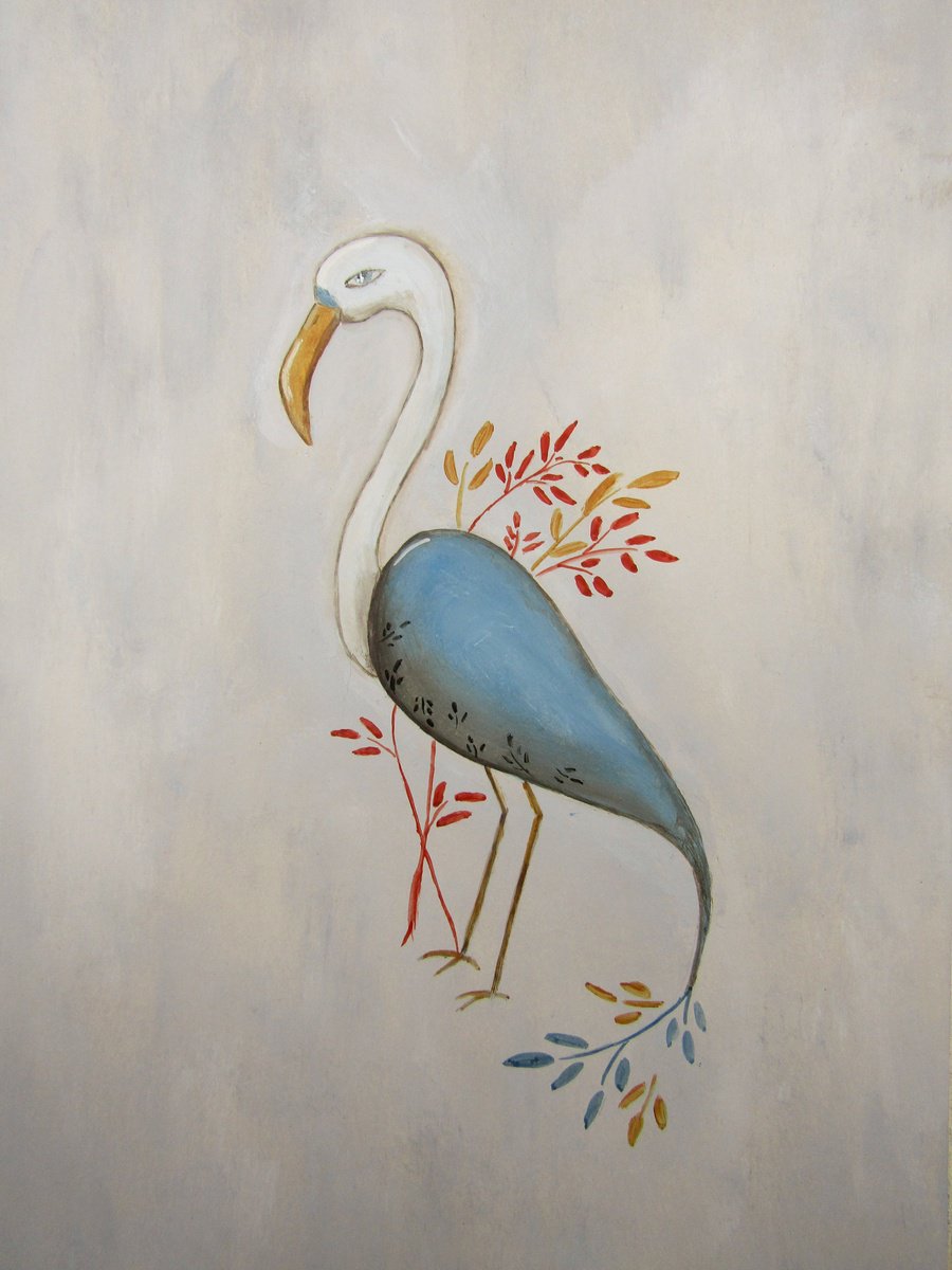 The light blue bird with long legs - oil on paper by Silvia Beneforti