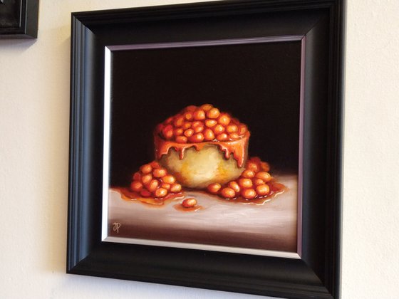 Scotch pie with beans on top still life