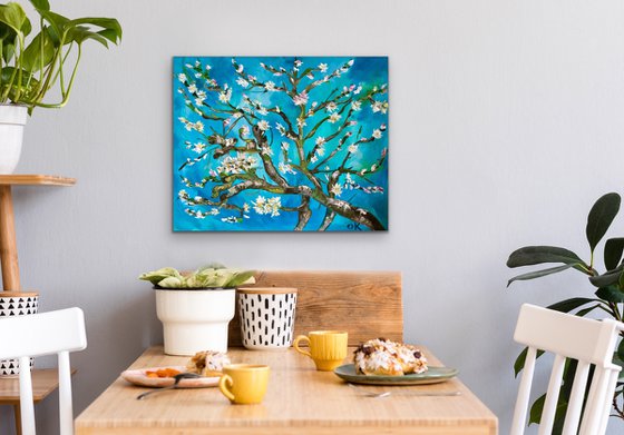 Almond blossom on turquoise inspired by Vincent Van Gogh oil painting ready to hang