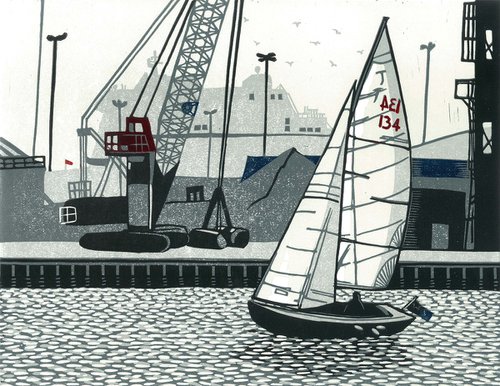 Poole Quay, signed original linocut print, edition of 25 by Cecca Whetnall