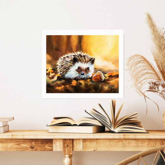 Hedgehog with acorn in fall woods