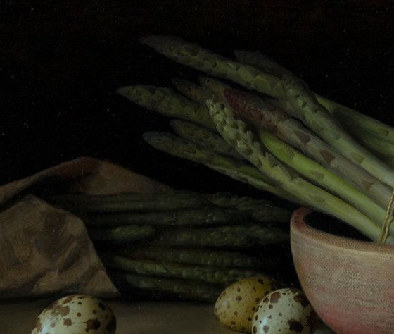 Asparagus and quail eggs, 30x40cm, oil no canvas, 2018, original classic still life