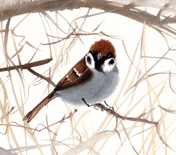 SPARROW Bird  Watercolor Sparrow Chinese Watercolor Bird  Steadfast