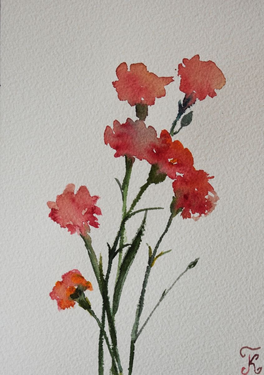 Flowers red Dianthus Watercolor painting by Kate Grishakova