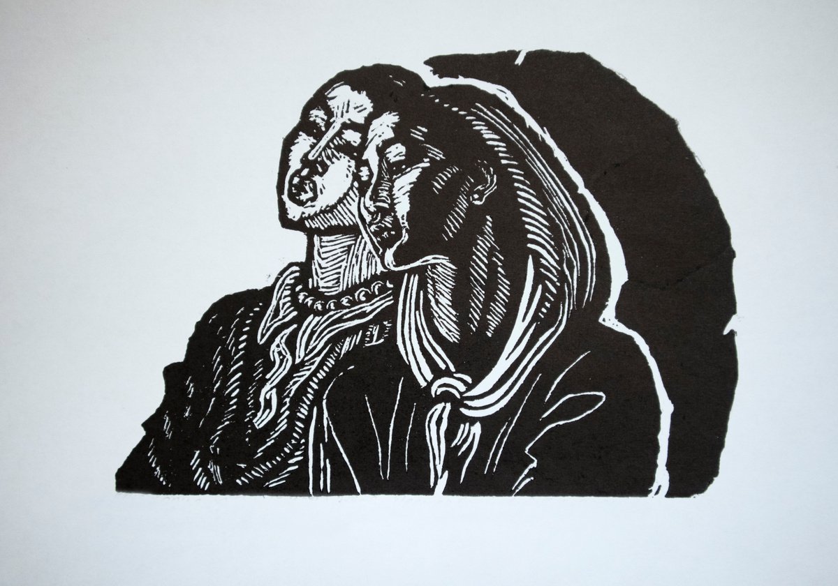 Graphic Portrait Linocut By Kateryna Bortsova, 11 X 8", Singing Girls Graphic Art, Original Artwork