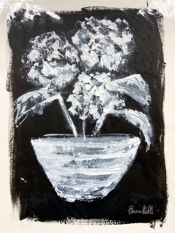 Hydrangeas White on Black  acrylic on paper