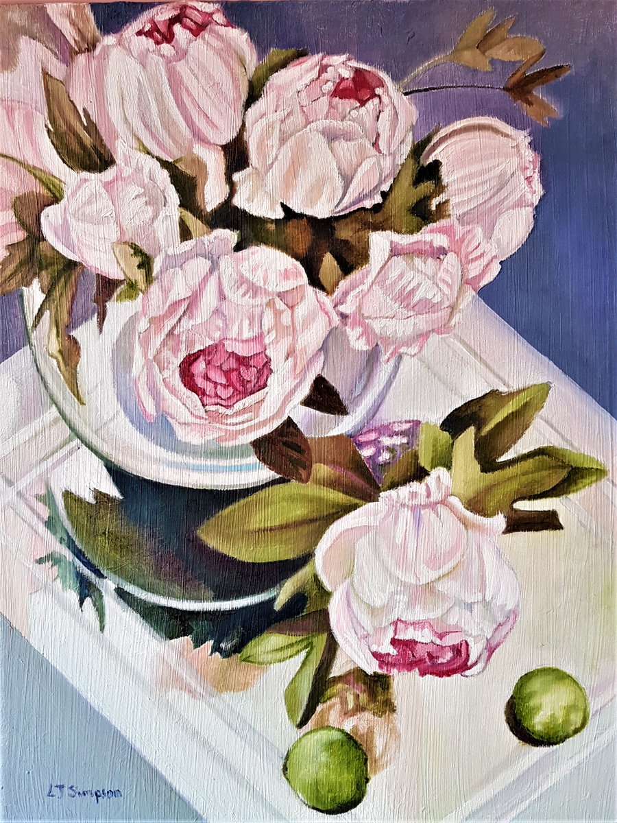 Glass Reflections with Peonies and Limes by Louisa J Simpson