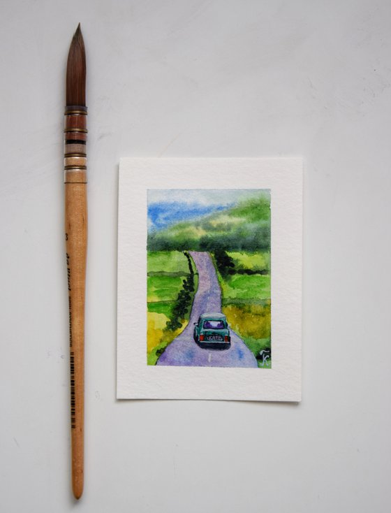 Miniature watercolor painting, Mini Cooper car on road tiny original art