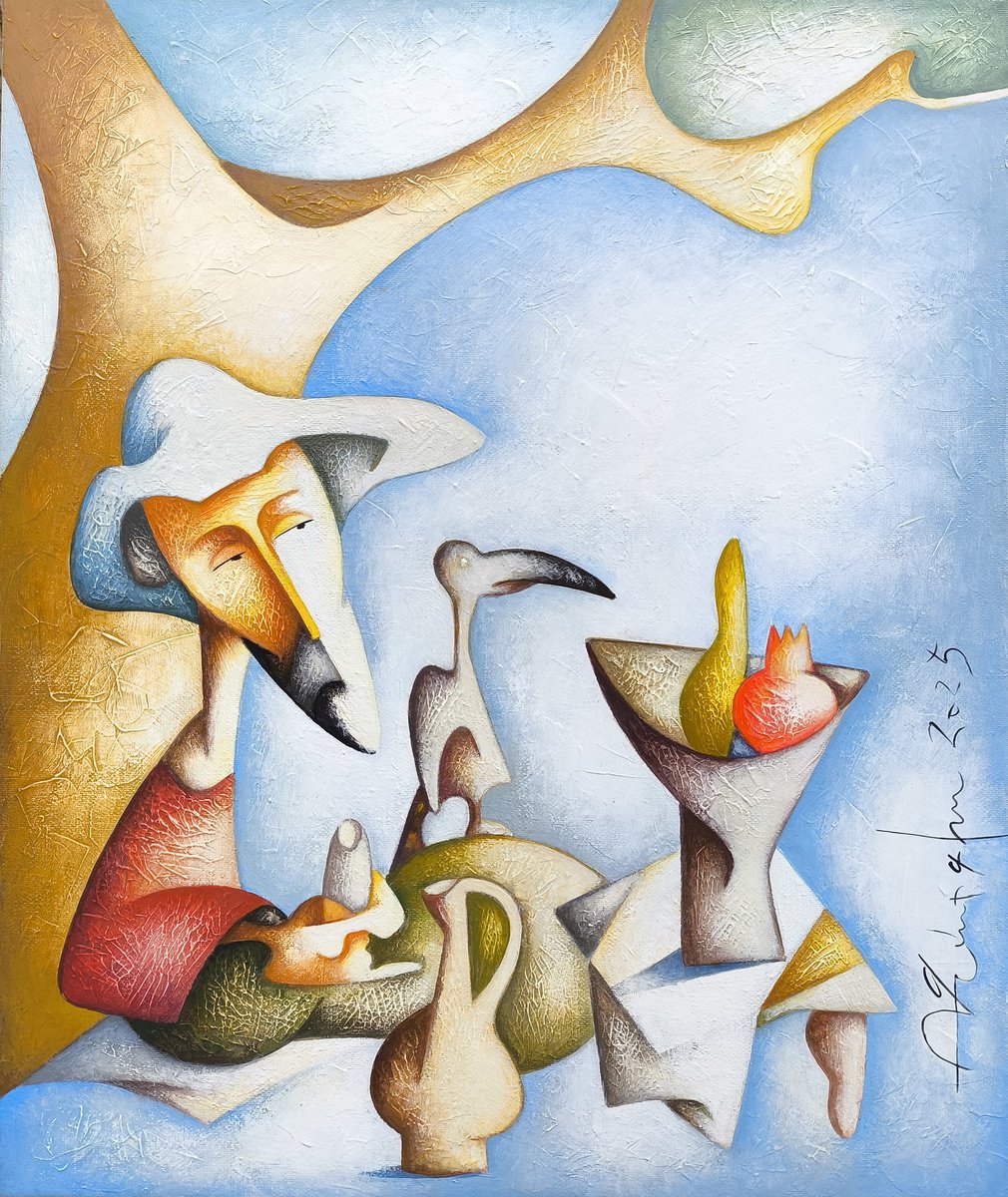 Naive Portrait Acrylic Painting By Sargis Zakarian, 16 X 20", The Bird And The Dreamer, Original Artwork