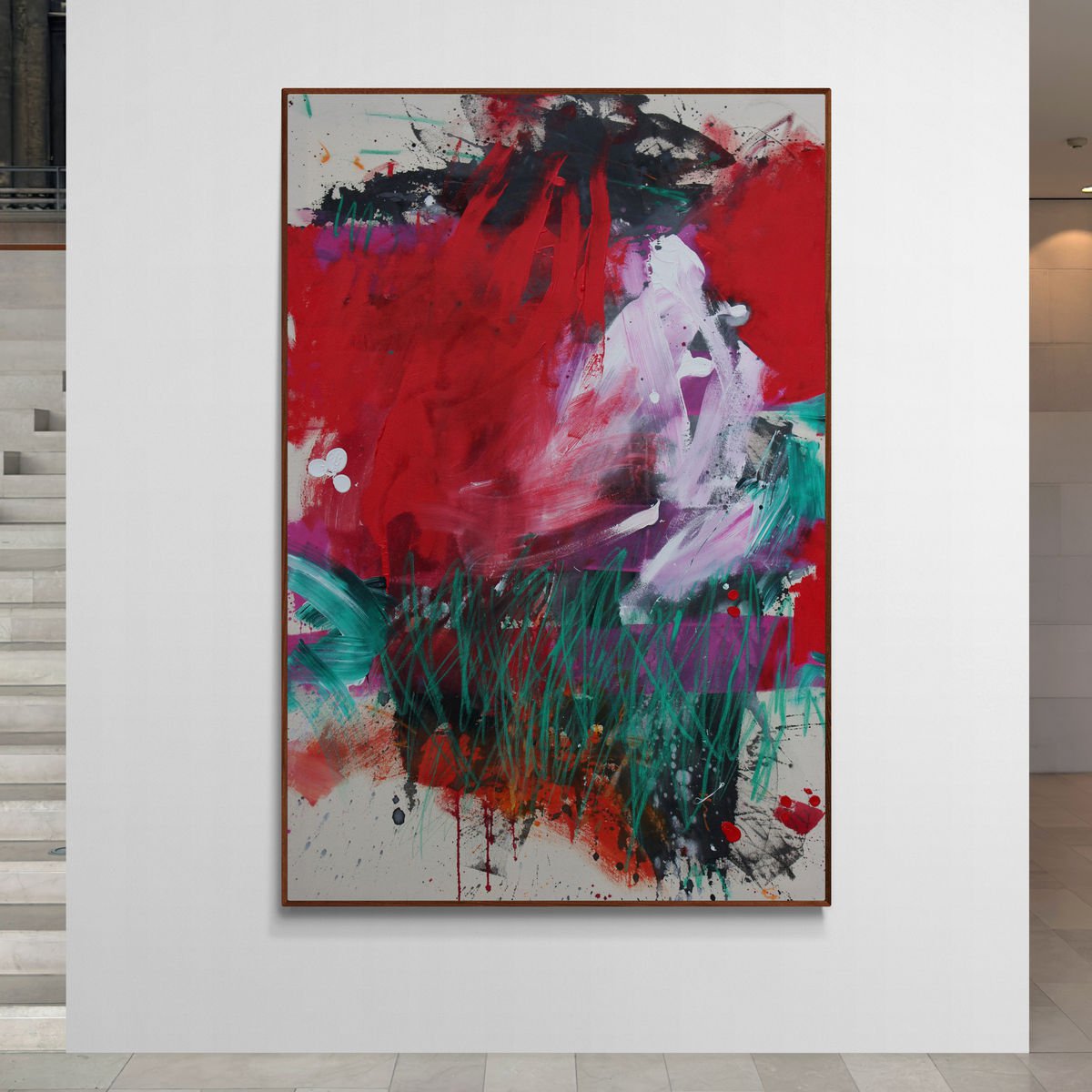 Abstract Painting By Daniela Schweinsberg, 39 X 59, Of Luscious Red &Amp; Sappy Green, Original Artwork