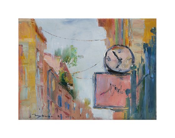 Old italian streets Cityscape with clock Roman series.  Original plein air oil painting .