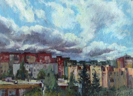 Crazy clouds - urban landscape, sky, original ukrainian artwork