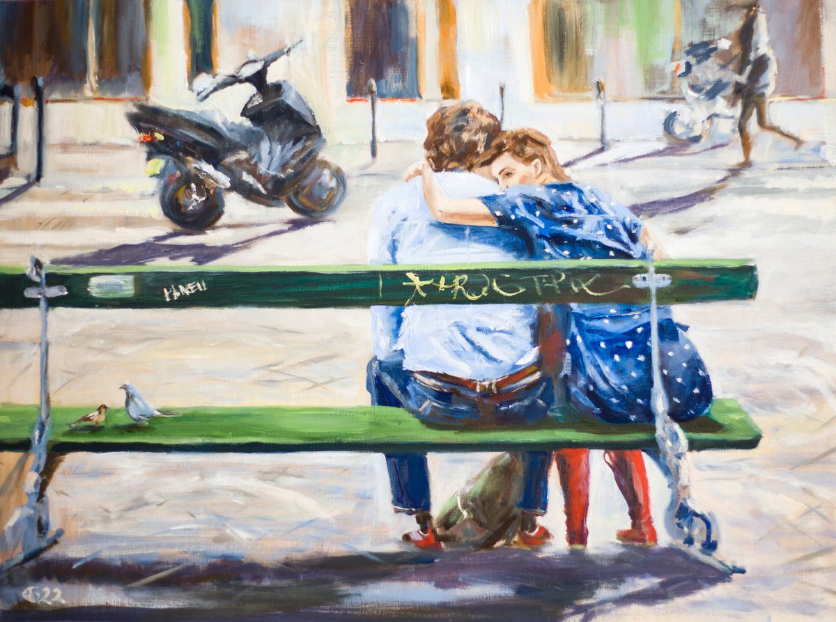 City of love? Parisians series. City scene with a couple in Montmartre. Original oil paint... by Sasha Romm