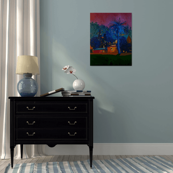 Blue Palm. Night Landscape