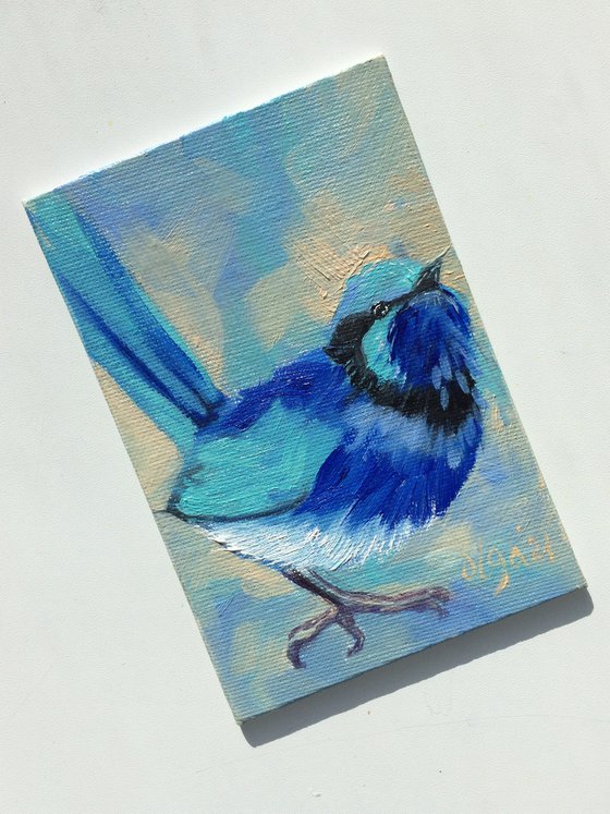 Blue bird n3, miniature original oil painting.