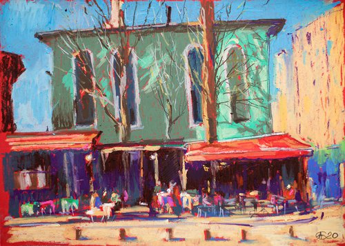Istanbul cafe. Oil pastel painting. small colorful turkey turquoise interior decor street urban by Sasha Romm