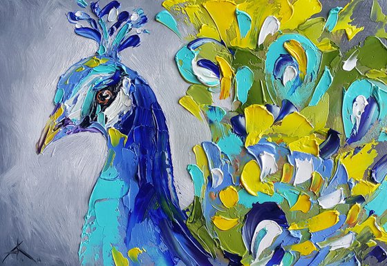 Peacock - bird, oil painting, colored bird, palette knife, art, gift,animal