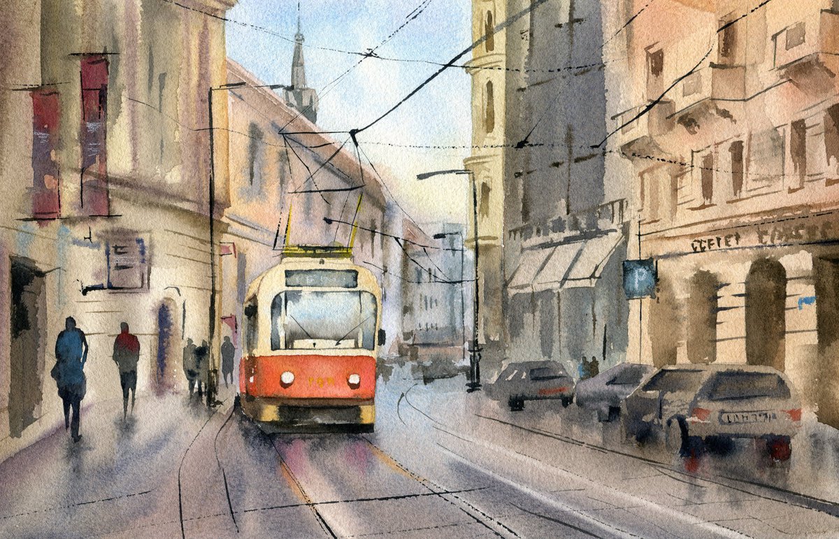 City landscape with a red tram. Saint Petersburg. Original watercolor artwork. by Evgeniya Mokeeva