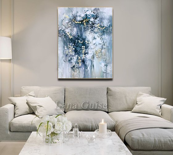 Looking Beyond - Abstract White Grey Painting Large Canvas, Gold Leaf, Minimalist Painting