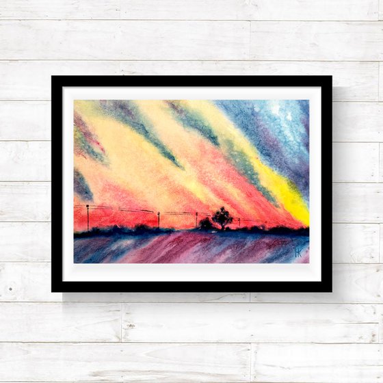 Abstract landscape Original Watercolor Painting Modern Skyscape Sunrise 17 by 12"