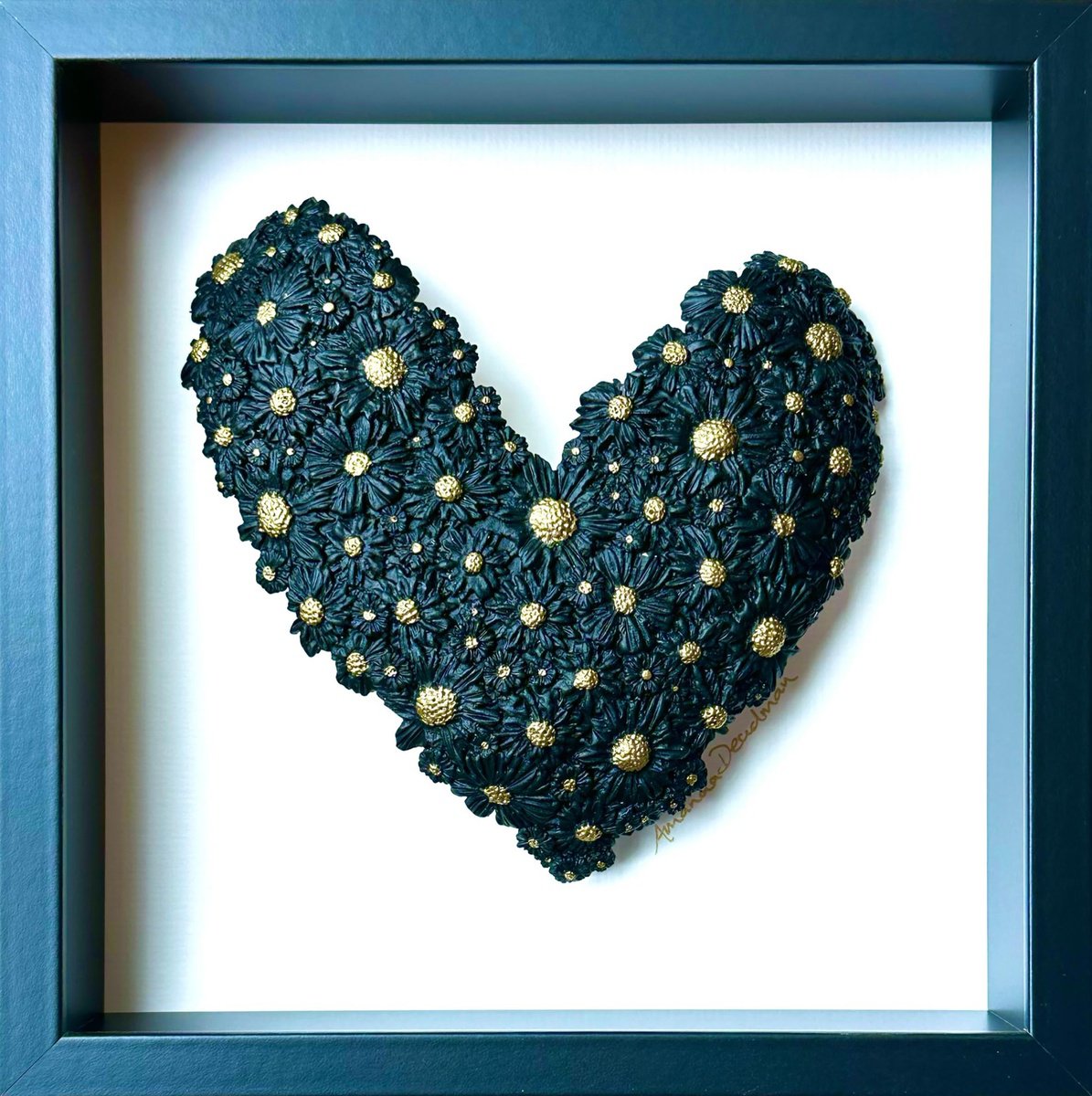 As Fresh as a Daisy (Black polymer clay heart with gold) by Amanda Deadman