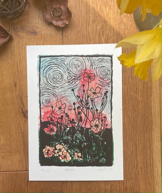 Anemones - Flower Contemporary Linocut Print