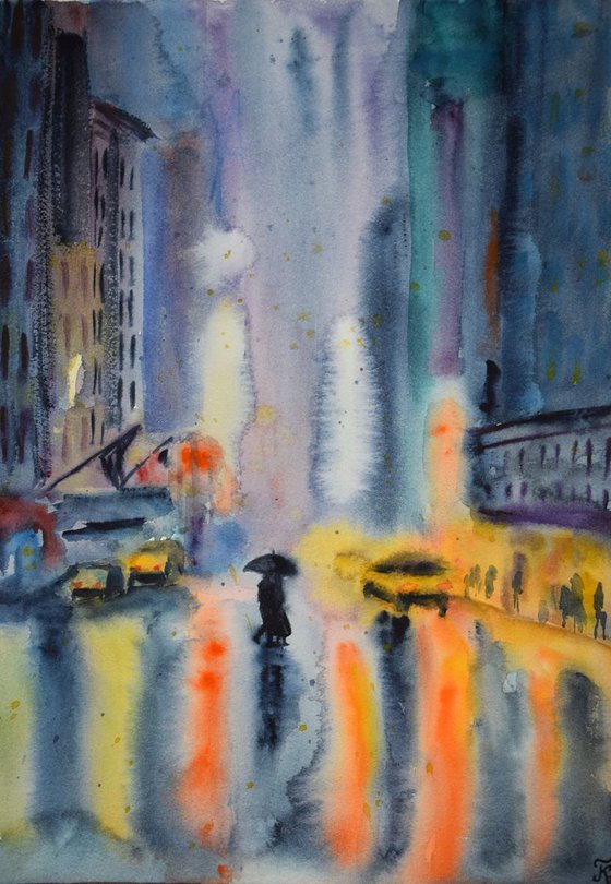 Rainy night New York original watercolor painting, abstract cityscape