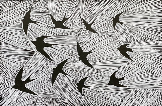 Linocut: Swallows 91/100