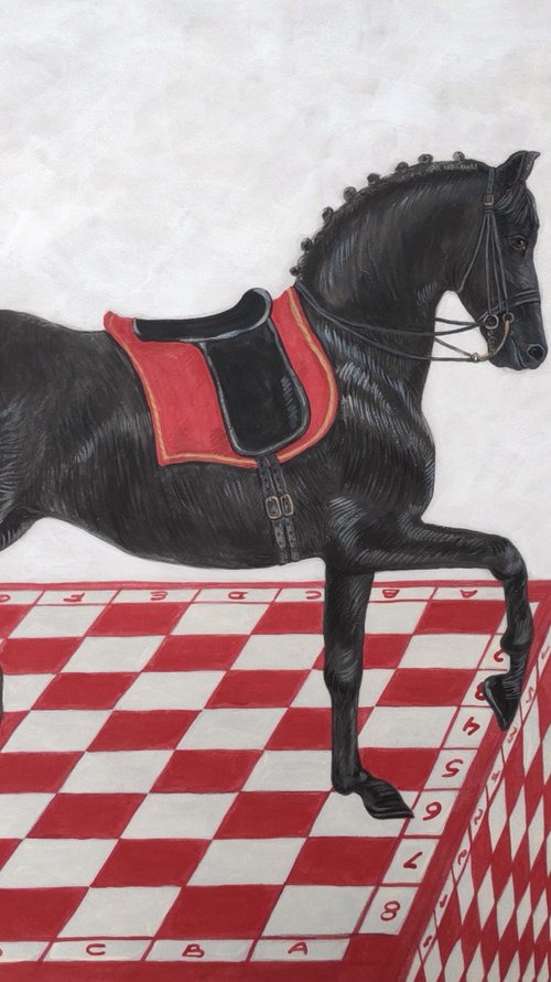 Black horse on a red chessboard by Natalie Levkovska
