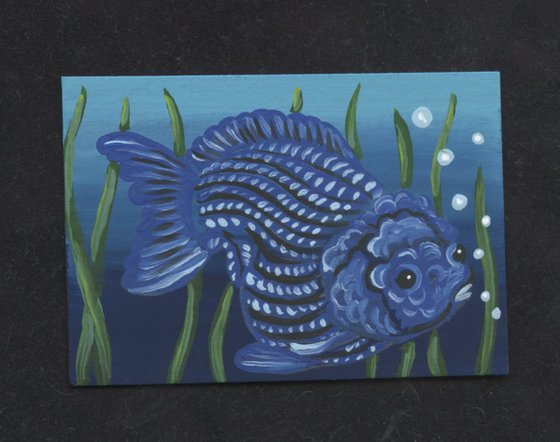 ACEO ATC Original Miniature Painting Oranda Goldfish Pet Art-Carla Smale