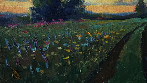 Sunset Over Wildflowers Field - summer landscape painting