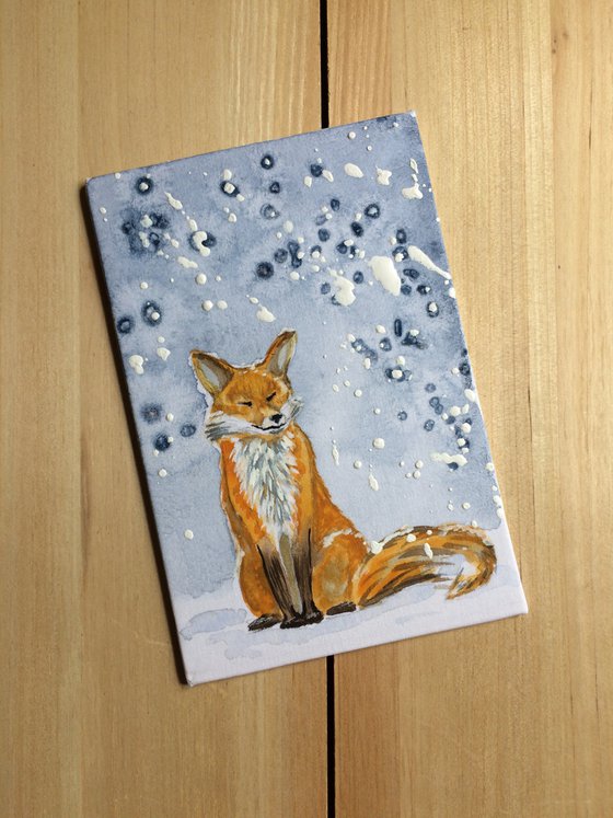 Fox portrait - Animal in winter forest - Small watercolor on canvas board - Framed artwork - Gift idea for animal lover