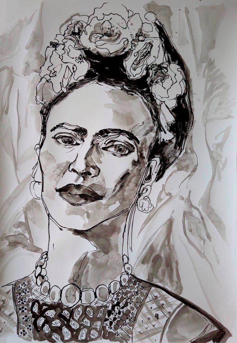 Impressionistic Portrait Ink Drawing By Jelena Djokic, 15 X 22, Frida, Original Artwork