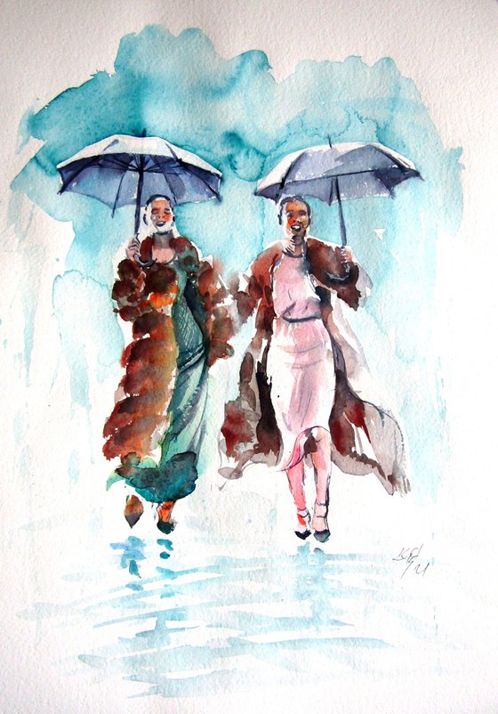 Girlfriends in the rain